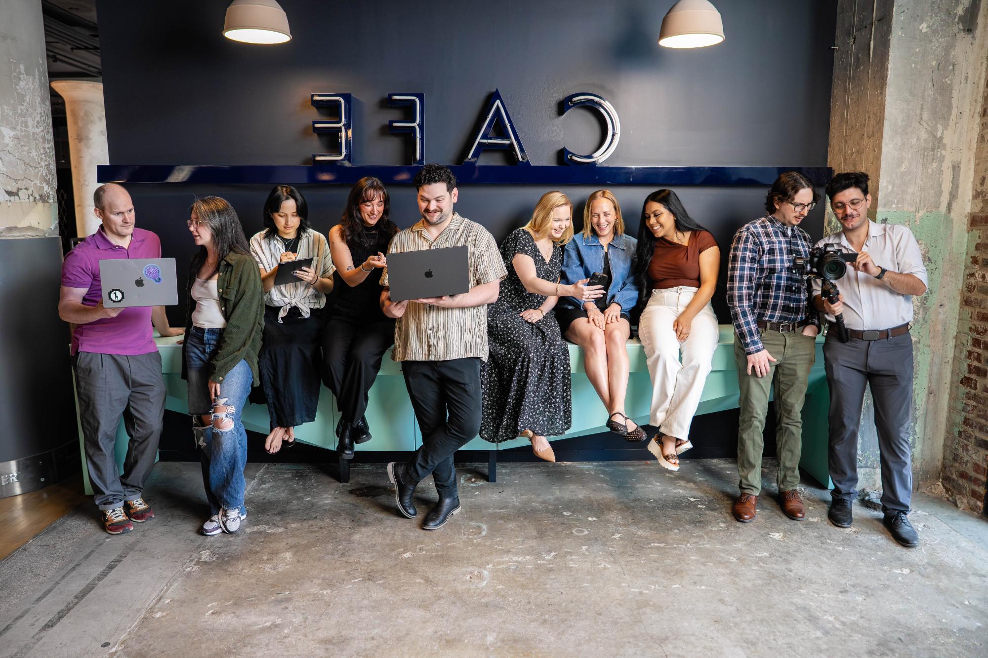 neon canvas friend group cafe